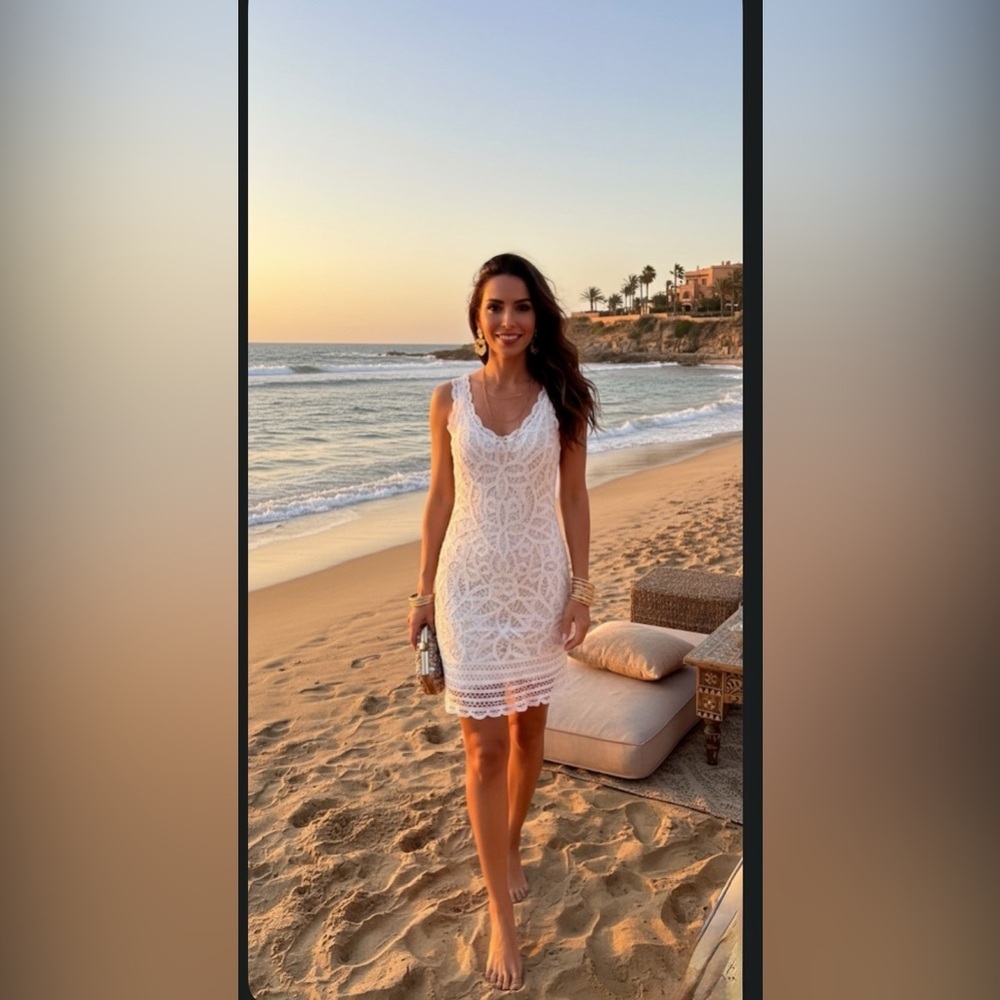 INC women’s dress size 2 white, layered dress with crochet on the top layer.